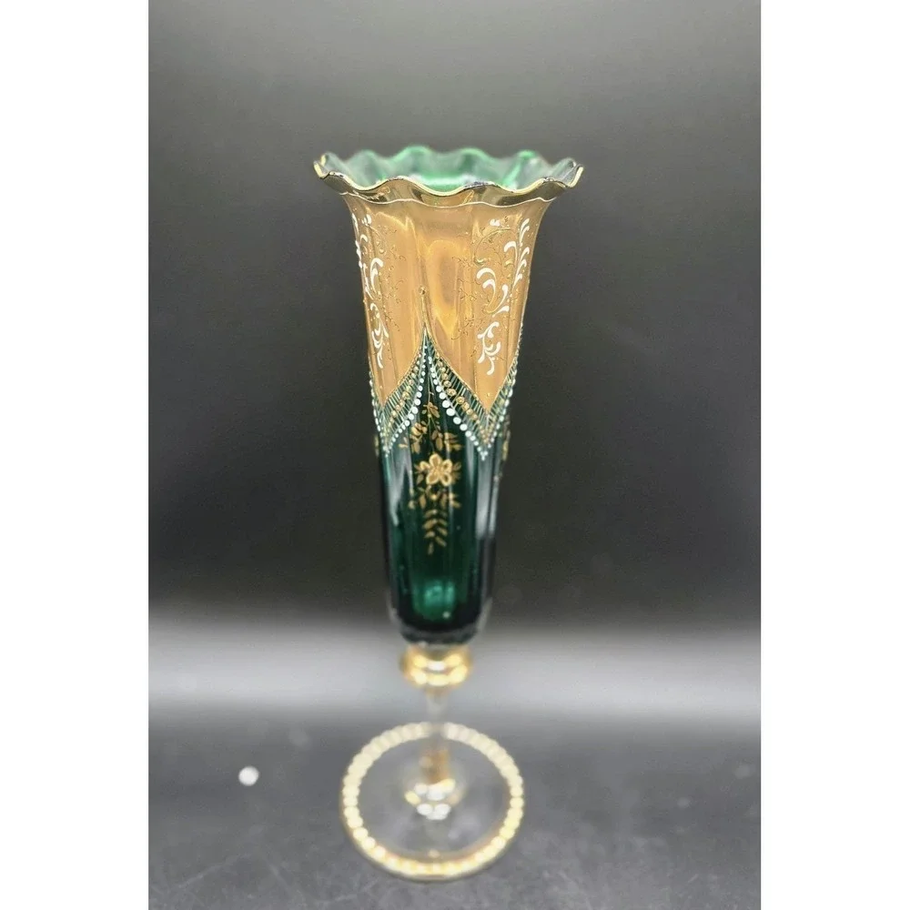 Antique Bohemian Emerald Green Footed Vase 12